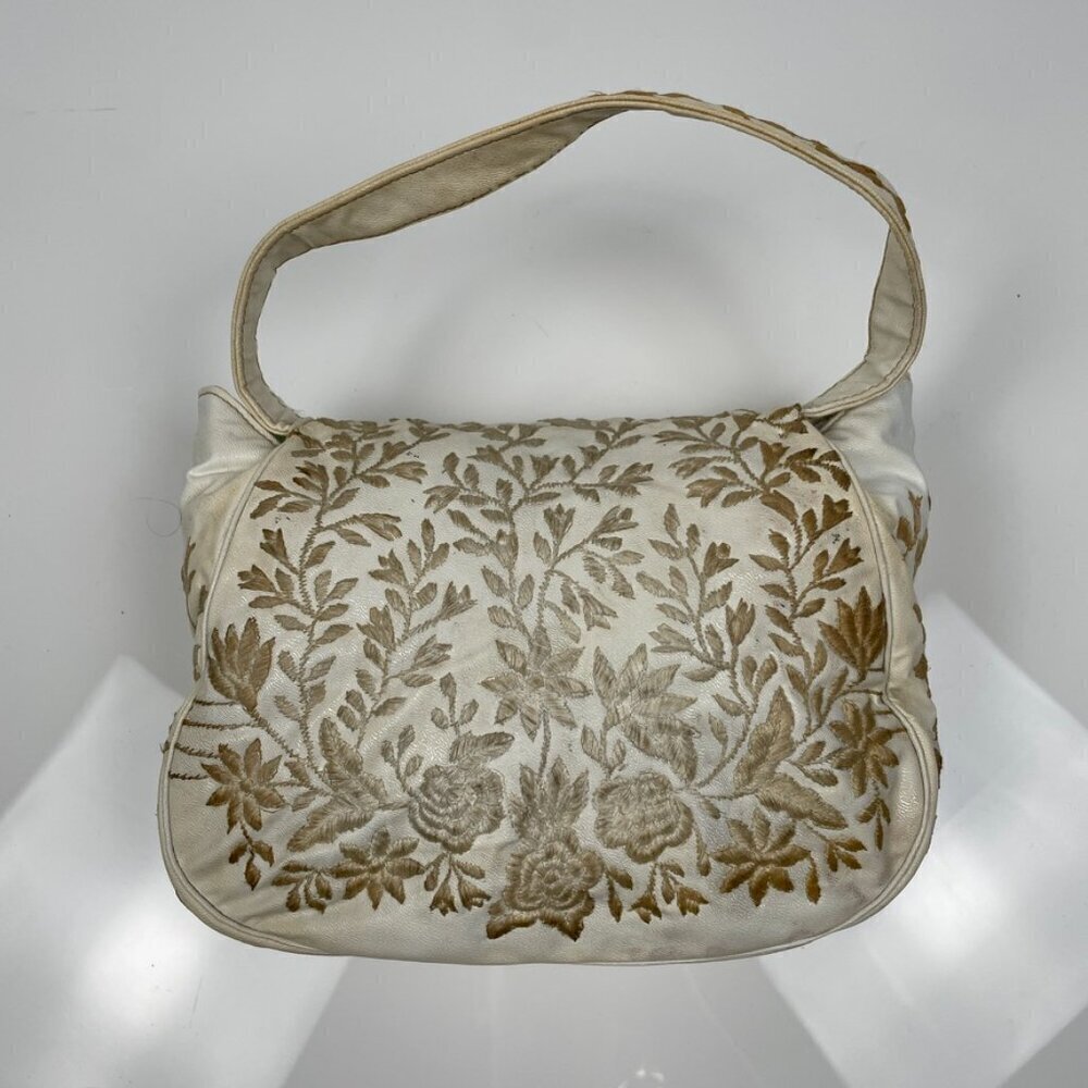 Vintage Cream and Brown Leather Embroidered Floral Purse - Picture 3 of 12